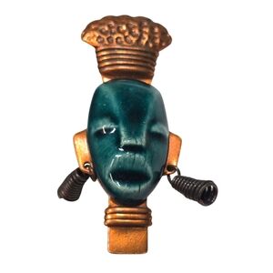 Vintage Art Deco 1940'S Elzac Ceramic Copper Tribal Mask Face Pin Brooch EUC
